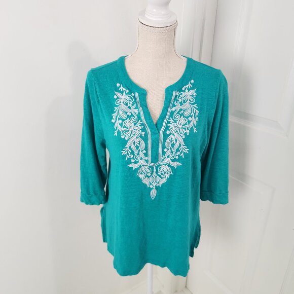 Chicos Top Womens 2 Blue Soft Linen Embroidered Boho Festival Side Slits - Picture 1 of 12